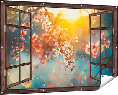 Gards Tuinposter Doorkijk Bloesemboom tijdens Zonsondergang - Bloem - 150x100 cm - Tuindoek - Tuindecoratie - Wanddecoratie buiten - Tuinschilderij