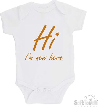 100% katoenen Romper "Hi I'm new here" Met Een Sterretje Unisex Katoen Wit/tan Maat 62/68