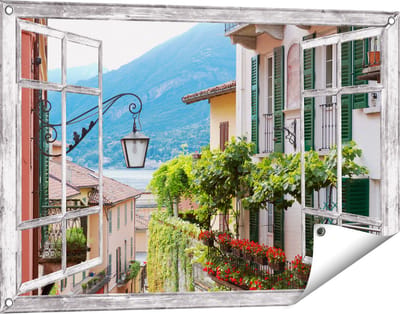 Gards Tuinposter Doorkijk Kleurijk Straatje in Italie - 90x60 cm - Tuindoek - Tuindecoratie - Wanddecoratie buiten - Tuinschilderij