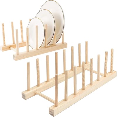 2 Stuks Bamboe Houten Afdruiprek Plaat Rack Stand Pot Deksel Houder Lade Afdruiprek Stand Afdruiprek voor Opslag Kom, Servies, Bekers, CD's, Boek