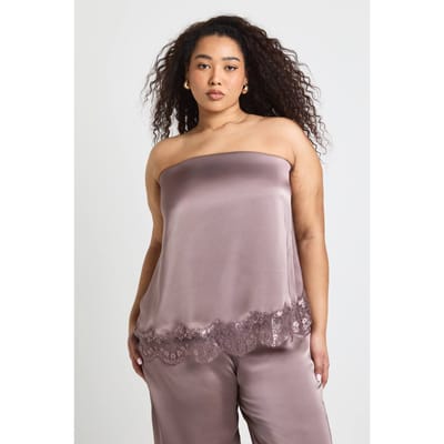 boohoo Dames Plus Kanten Zoom Satijn Luchtige Bandeau Top | Dusty Mauve | Maat: 44
