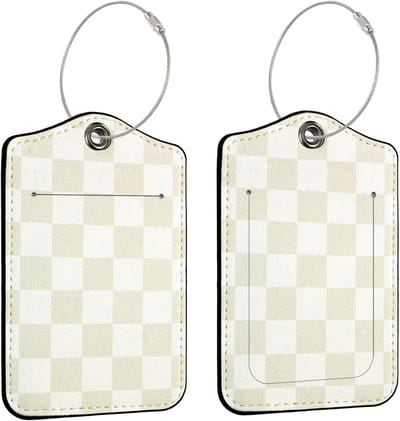 Set van 2 PU Leren Bagagelabels voor Koffers, Waterdichte Reislabels met Privacyflap en Metalen Lanyard, Ideaal voor Cruise en Handbagage, Beige Geruit Design