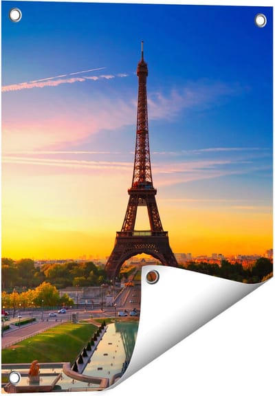 Gards Tuinposter Parijs Eiffeltoren tijdens de Zonsopkomst - 40x50 cm - Tuindoek - Tuindecoratie - Wanddecoratie buiten - Tuinschilderij