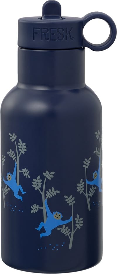 Fresk Thermosfles 350 ml - RVS Waterfles – Lekvrije Drinkfles voor Kinderen – Koude en Warme Dranken – BPA-vrij – Onbreekbaar – 2 Doppen – Thermosbeker – Drinkbeker Jongens - Blauw - Monkey