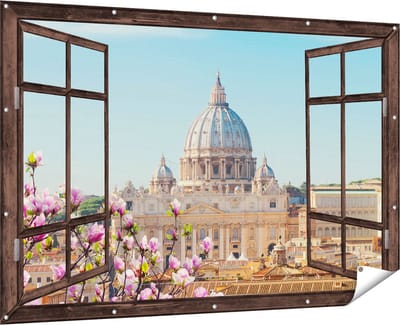 Gards Tuinposter Doorkijk Sint Pietersbasiliek in Rome met Bloemen - 180x120 cm - Tuindoek - Tuindecoratie - Wanddecoratie buiten - Tuinschilderij