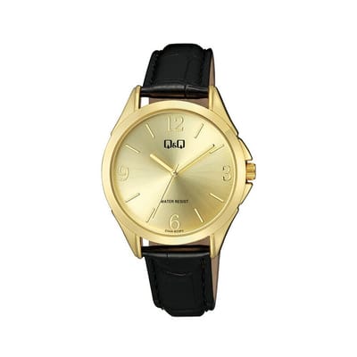 Q&Q C04A-011PY - Horloge - Vrouwen - Dames - Leren band - Rond - Metaal - Cijfers - Streepjes - Zwart - Goudkleurig