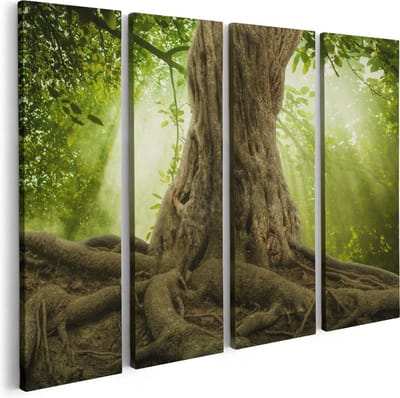 Artaza Canvas Schilderij Vierluik Grote Boom In Het Bos Met Wortels - 80x60 - Foto Op Canvas - Canvas Print
