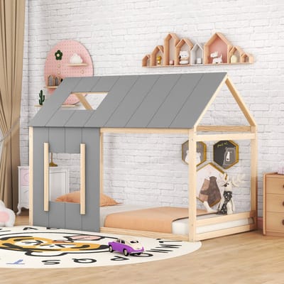 Gutent Kinderbed, Naturel + Grijs (Zonder Matras), 90 x 200 cm, Kinderbed, Huisvormig, Eenpersoons huisflatbed met dak en raam