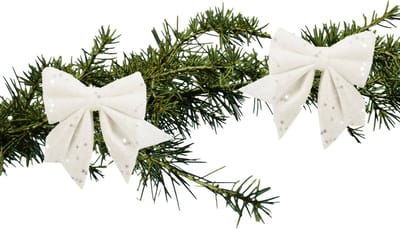 House of Seasons Kerst ornamenten strikken - 2x st - wit met glitter - 12 x 13 cm - kerstboomstrikjes