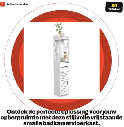 Dailygoods- Badkamervloerkast Vrijstaand - Smalle Opbergkast - Weefselopbergrek - 80 x 15,5 x 15 cm - Veiligheidsontwerp - Ruimtebesparend