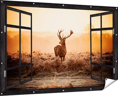 Gards Tuinposter Doorkijk Hert in de Wei tijdens de Zonsopkomst - 180x120 cm - Tuindoek - Tuindecoratie - Wanddecoratie buiten - Tuinschilderij