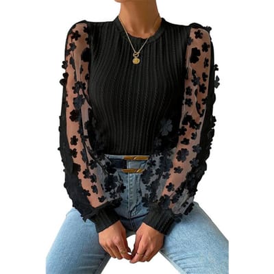 Dames Top Doorzichtig Mesh Bloemen Applicatie Ronde Hals Lange Mouwen Effen Kleur Pullovers Zacht Patchwork Twist Textuur OL Pendelen L