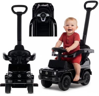sun baby Duwauto voor kinderen, loopauto Mercedes Benz G met vergunning vanaf 12 maanden met stuur met geluid, kunststof stoel en wielen, duwstang, opbergvak onder stoel, nepreservewiel (Zwart)