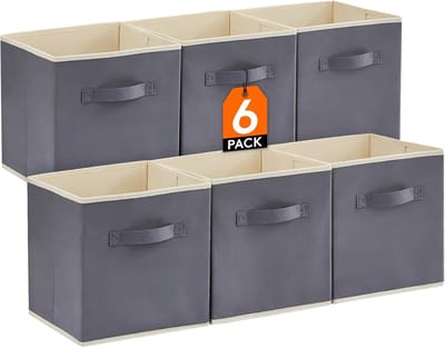 Famanu – Set van 6 opvouwbare stoffen opbergkubussen - middelgroot - met handgrepen - duurzaam materiaal - praktisch voor kast - plank of ladensysteem - ideaal voor het ordenen van kleding - speelgoed en accessoires - grijs