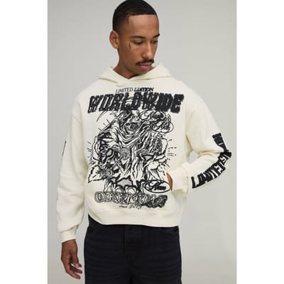 Ecru Oversized Boxy Limited Edition Hoodie Met Reaper Print | Size 5XL