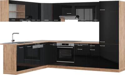 Vicco Hoekkeuken R-Line, Zwart hoogglans/Goudkleurig Eiken, 287 x 227 cm, WB Eik