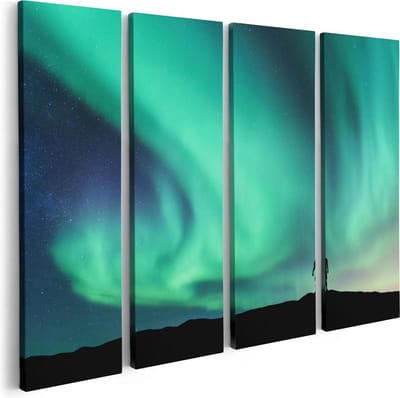 Artaza Canvas Schilderij Vierluik Man bij het Groene Noorderlicht - 80x60 - Foto Op Canvas - Canvas Print