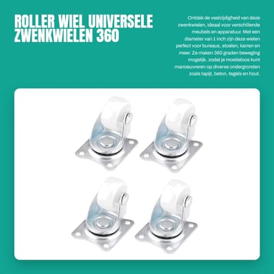 Dailygoods- Zwenkwielen Set van 4 - Zwenkwielen met Rem - Meubelwielen - Zwenkwielen voor Bureaustoel - Zwenkwielen met Schroefdraad - Maximale belasting 10 kg per wiel
