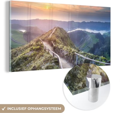 MuchoWow® Glasschilderij 40x20 cm - Schilderij acrylglas - Bergen - Zon - Natuur - Foto op glas - Schilderijen