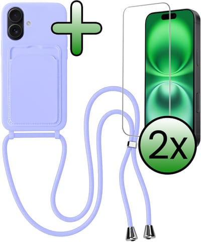 Hoes Geschikt voor iPhone 16 Plus Hoesje Pas Houder Case Hoes Met Koord Met 2x Screenprotector - Hoesje Geschikt voor iPhone 16 Plus Hoes Met Telefoonkoord Pasjeshouder Cover - Lila