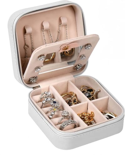 Reissieradenkistje met spiegel voor vrouwen en meisjes - PU-leer - Wit - Ringen, oorbellen, halskettingen, armbanden.