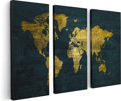 Artaza Canvas Schilderij Drieluik Gouden Wereldkaart - 120x80 cm - Wanddecoratie Woonkamer - Schilderijen - Muurdecoratie