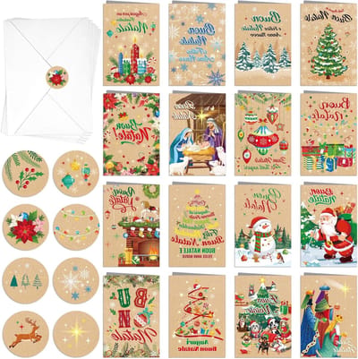 Dailygoods- Kerstkaarten Set 16 Stuks - Vrolijk Kerstfeest - Met Enveloppen - Gemaakt van Kraftpapier - Afmetingen 16 x 11 cm - Inclusief Stickers - Wenskaarten