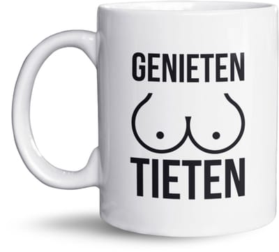 NietMokken.nl - Grappige mok 'Genieten Tieten' - Perfect cadeau voor vrienden - Dubbelzijdig bedrukt - 325 ml - Vaatwasser- en magnetronbestendig - Keramische tas
