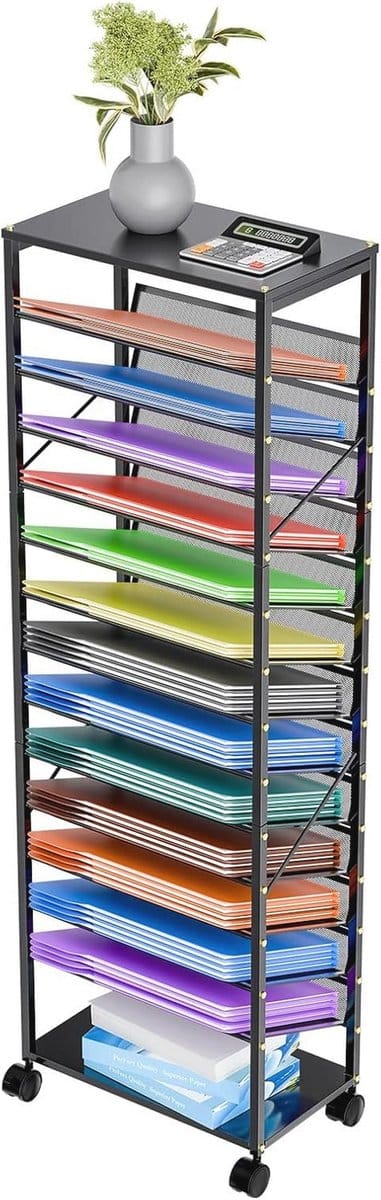 15-tiers mobiel bestandswagen met vergrendelbare wielen - Ruimtebesparende metalen boekenrek voor kantoor, studie en klaslokaal