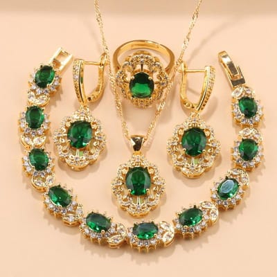 Brésil Qualité Luxe Accessoire de Mariage Mariée Ensembles de Bijoux Fleur Plaqué Or Zircon Boucles d'Oreilles Collier Bracelet Bague resizable beige