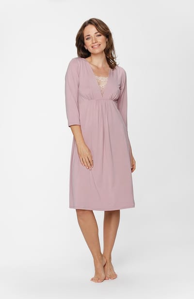 Dames nachthemd halflang-V-hals met kant-3/4 mouwen-duurzame nachtkleding-roze-maat M