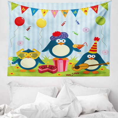 ABAKUHAUS Pinguïn Wandtapijt, Verjaardagspinguïn, 150 x 110 cm, Kleurrijk