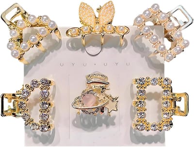 6-Delige Set Mini Haarclips met Parelmoer en Strass - Kleine Metalen Klemmetjes voor Dames en Meisjes