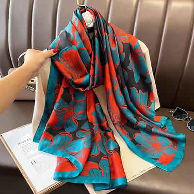 Zachte Imitatiezijde Sjaal 90x180 cm voor Dames - Hoofddoek, Bandana en Halsdoek-F-171-1 - Blue-Red