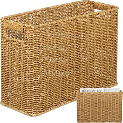Natuurlijke Tijdschriftenhouder - Rustieke Wicker Opbergmand voor Tijdschriften en Kranten - Retro Opbergmanden voor Boeken in Klaslokaal en Bibliotheek (Koffiebruin)