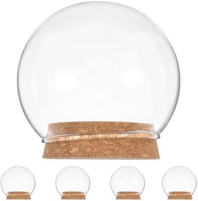 Dailygoods- Glazen Cloche 10cm - Set van 5 - Decoratieve Glazen Koepel - Houten Basis - Met Kurk - Voor Bloemen en Verzamelobjecten - Glazen Dome