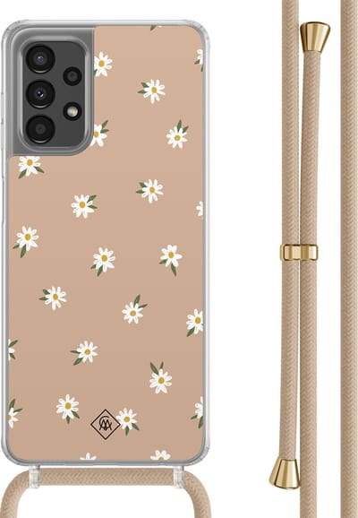 Casimoda® hoesje met beige koord - Geschikt voor Samsung A13 4G - Sweet Daisies - Afneembaar koord - TPU/polycarbonaat - Bruin/beige