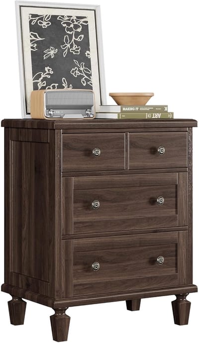 Vintage Ladekast met 4 Lades - Houten Opbergkast met Taps Toelopende Poten & Uitgesneden Handgrepen - Slaapkamer & Woonkamer - Donkerbruin