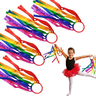 Dansbanden - Danslint kinderen - 4 stuks - Regenboog lint danslint - Handvat met ring - Regenbooglint - Danslinten armband - Voorstellingsrekwisieten - Gymnastieklinten - Kindercadeaus - Geschikt voor optredens en feesten