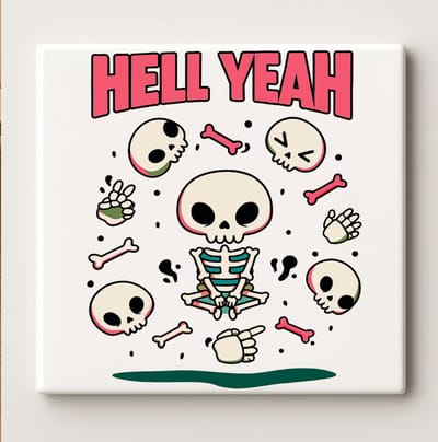 Hell Yeah Skelet Keramische Tegel – 15x15cm Grappige Halloween Wanddecoratie voor Thuis, Kantoor & Alternatieve Stijl Fans