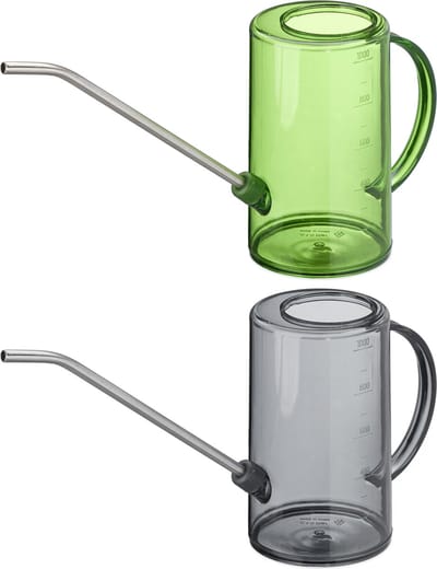 Binnen set van 2 plantengieters 1 L kunststof RVS met lange tuit voor kamerplanten grijs/groen.