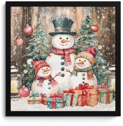 Poster in lijst - Fotolijst 40x40 cm - Posters - Sneeuwpop - Familie - Kleurrijk - Posterlijst zwart - Decoratie - Wanddecoratie woonkamer - Muurdecoratie slaapkamer