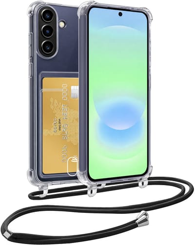 Hoes Geschikt voor Samsung A37 Hoesje Pas Houder Shock Proof Case Hoes Met Koord - Hoesje Geschikt voor Samsung Galaxy A37 Hoes Met Telefoonkoord Pasjeshouder Cover - Transparant