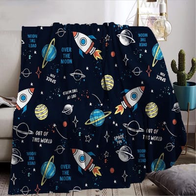 Zachte Flanellen Plaid met Ruimteraket en Sterrenhemel - 150x200 cm - Comfortabele Knuffeldeken voor Kinderen en Volwassenen
