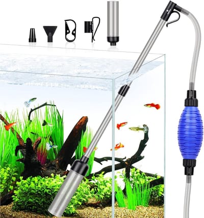 TIM® Aquarium Stofzuiger - Bodemreiniger - Gravel Cleaner – Bodemzuiger - Aquariumstofzuiger - Aqurium Schoonmaakset Met Toebehoren - Aquarium Reiniging En Schoonmaken – Glasreiniger - Zilver/Blauw - 42cm x 15cm x 7cm