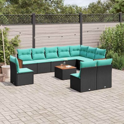 vidaXL - 11-delige - tuinbankset - met - kussens, - zwart - polyrotan