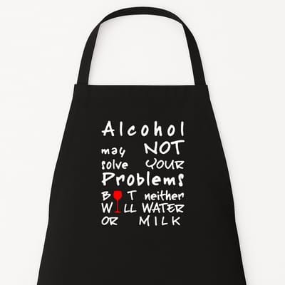 Keukenschort “Alcohol may not solve your problems, but neither will water or milk” - Grappig kookschort - One Size - Verstelbaar - Zwart - Humor cadeau - Kerstcadeau of sinterklaascadeau