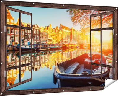 Gards Tuinposter Doorkijk Amsterdamse Brug - Gracht - met Bloemen - 180x120 cm - Tuindoek - Tuindecoratie - Wanddecoratie buiten - Tuinschilderij