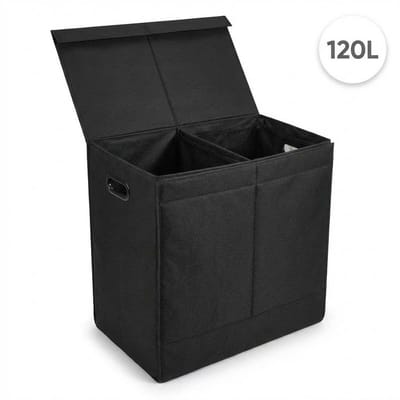 DIVERZA Dubbele Wasmand met Deksel - Opvouwbare wassorteerder - zwarte wasmand 120L