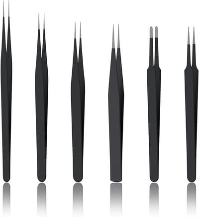 Set van 6 precisiepincetten van roestvrij staal voor sieraden maken, elektronica reparatie en manicure, antistatisch en met een niet-slip ontwerp, inclusief rechte en gebogen tips voor knutselen